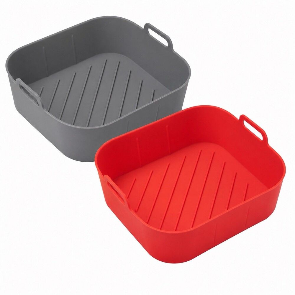 2 Pack Air Fryer Silicone Liners Red Gray Reusable Basket Inserts Accessories